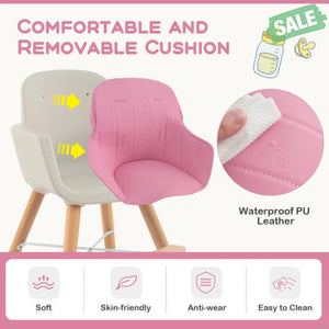 3-in-1 Convertible Wooden High Chair with Cushion-Gray Pink High Chairs