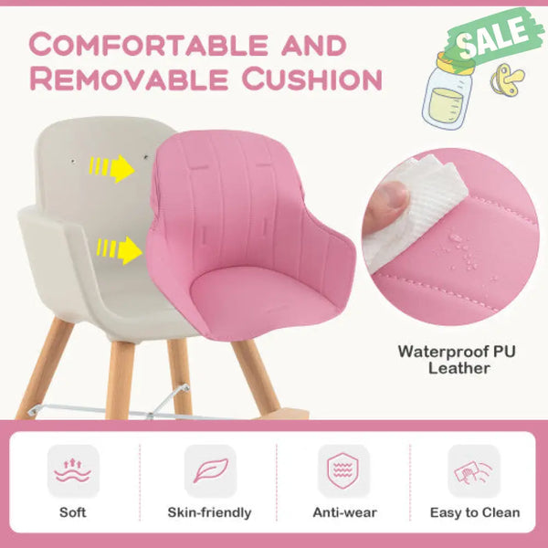 3-in-1 Convertible Wooden High Chair with Cushion-Gray Pink High Chairs