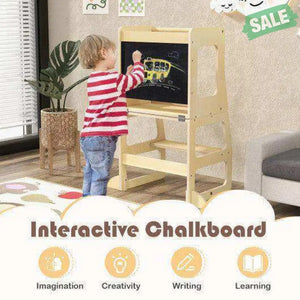 3-in-1 Foldable Kitchen Standing Tower for Toddlers with Chalkboard-Natural Toddler & Kids Furniture