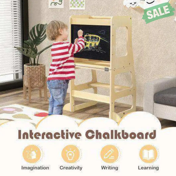 3-in-1 Foldable Kitchen Standing Tower for Toddlers with Chalkboard-Natural Toddler & Kids Furniture