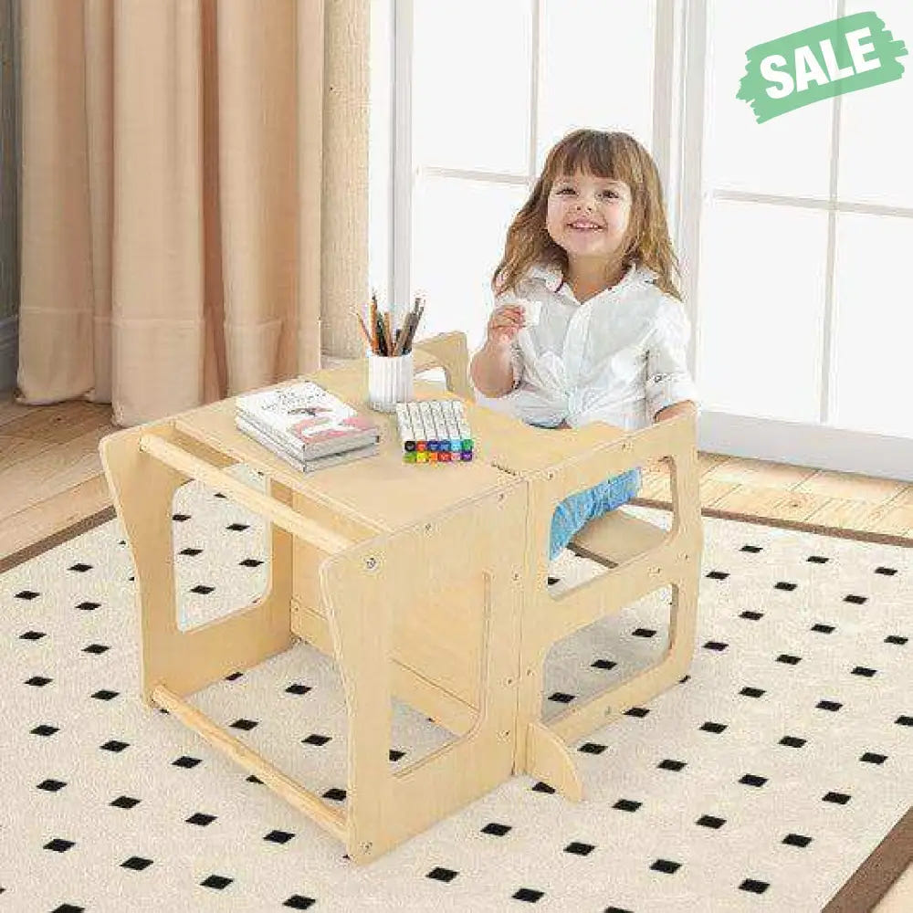 3-in-1 Foldable Kitchen Standing Tower for Toddlers with Chalkboard-Natural Toddler & Kids Furniture