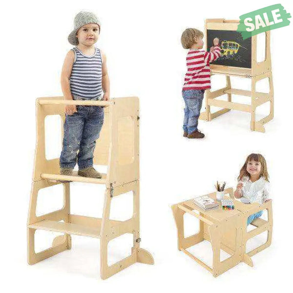 3-in-1 Foldable Kitchen Standing Tower for Toddlers with Chalkboard-Natural Toddler & Kids Furniture