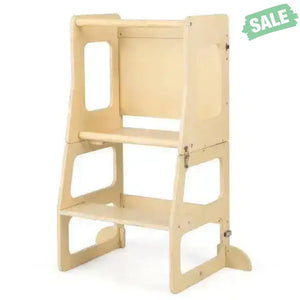 3-in-1 Foldable Kitchen Standing Tower for Toddlers with Chalkboard-Natural Toddler & Kids Furniture