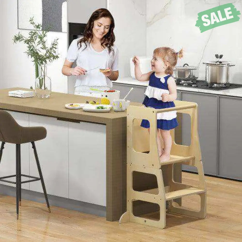 3-in-1 Foldable Kitchen Standing Tower for Toddlers with Chalkboard-Natural Toddler & Kids Furniture