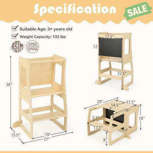 3-in-1 Foldable Kitchen Standing Tower for Toddlers with Chalkboard-Natural Toddler & Kids Furniture