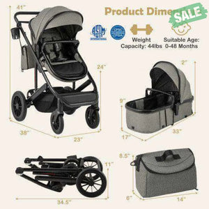 3-in-1 Folding Convertible Newborn Stroller with Detachable Bassinet-Gray