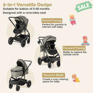 3-in-1 Folding Convertible Newborn Stroller with Detachable Bassinet-Gray
