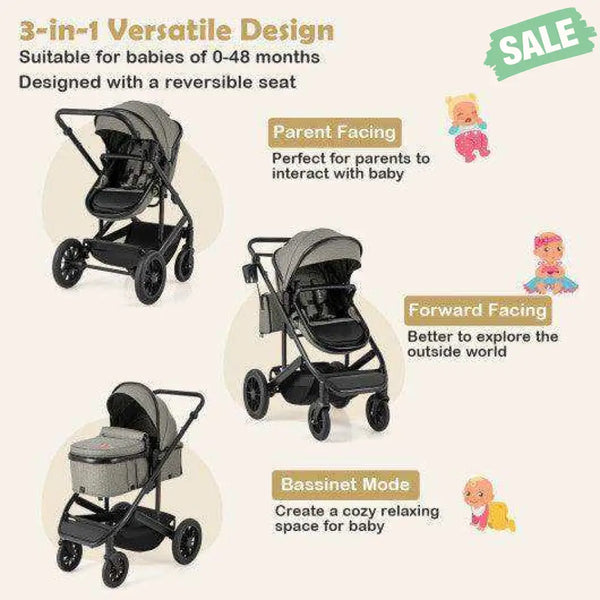 3-in-1 Folding Convertible Newborn Stroller with Detachable Bassinet-Gray
