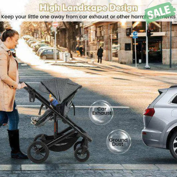 3-in-1 Folding Convertible Newborn Stroller with Detachable Bassinet-Gray