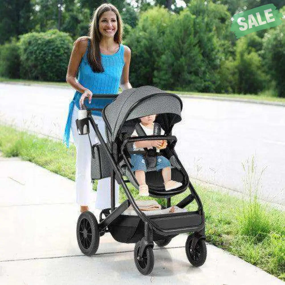 3-in-1 Folding Convertible Newborn Stroller with Detachable Bassinet-Black