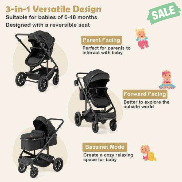 3-in-1 Folding Convertible Newborn Stroller with Detachable Bassinet-Black