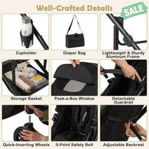 3-in-1 Folding Convertible Newborn Stroller with Detachable Bassinet-Black