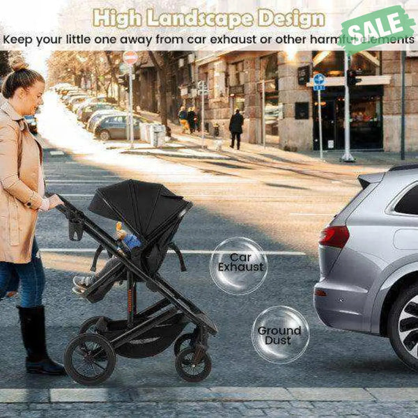 3-in-1 Folding Convertible Newborn Stroller with Detachable Bassinet-Black