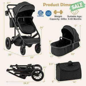 3-in-1 Folding Convertible Newborn Stroller with Detachable Bassinet-Black
