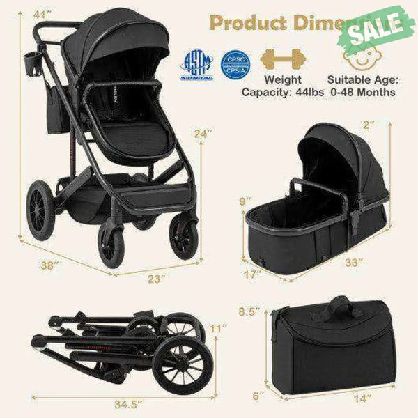 3-in-1 Folding Convertible Newborn Stroller with Detachable Bassinet-Black