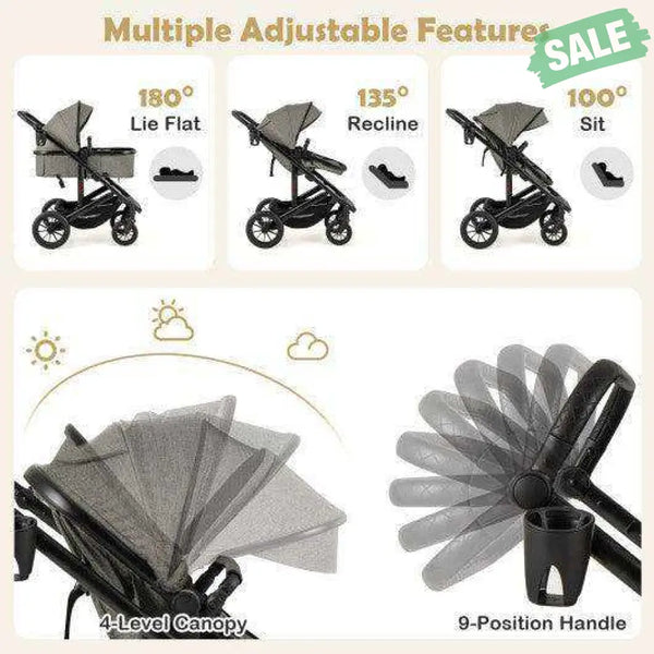 3-in-1 Folding Convertible Newborn Stroller with Detachable Bassinet-Gray