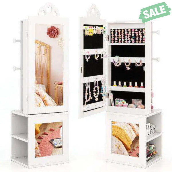 3-in-1 Freestanding Kids Jewelry Cabinet Armoire with Full Length Mirror-Pink Pink Kids Vanities