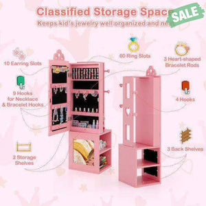 3-in-1 Freestanding Kids Jewelry Cabinet Armoire with Full Length Mirror-Pink Pink Kids Vanities