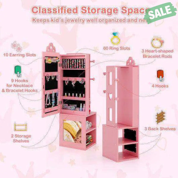3-in-1 Freestanding Kids Jewelry Cabinet Armoire with Full Length Mirror-Pink Pink Kids Vanities
