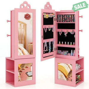 3-in-1 Freestanding Kids Jewelry Cabinet Armoire with Full Length Mirror-Pink Pink Kids Vanities