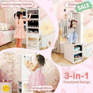3-in-1 Freestanding Kids Jewelry Cabinet Armoire with Full Length Mirror-Pink Pink Kids Vanities