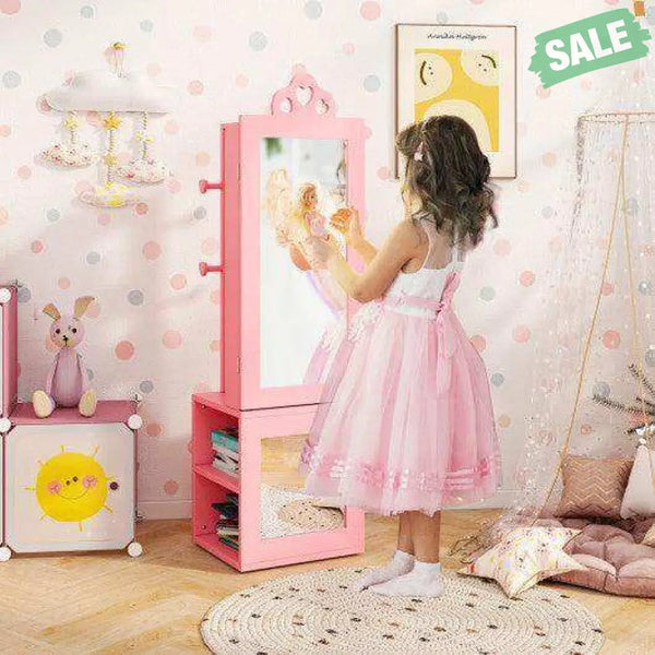 3-in-1 Freestanding Kids Jewelry Cabinet Armoire with Full Length Mirror-Pink Pink Kids Vanities