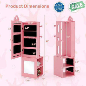 3-in-1 Freestanding Kids Jewelry Cabinet Armoire with Full Length Mirror-Pink Pink Kids Vanities