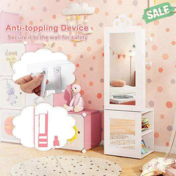 3-in-1 Freestanding Kids Jewelry Cabinet Armoire with Full Length Mirror-Pink Pink Kids Vanities