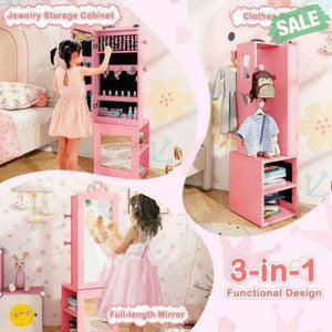 3-in-1 Freestanding Kids Jewelry Cabinet Armoire with Full Length Mirror-Pink Pink Kids Vanities
