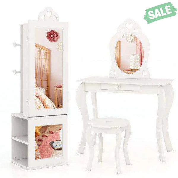 3-in-1 Freestanding Kids Jewelry Cabinet Armoire with Full Length Mirror-Pink Pink Kids Vanities