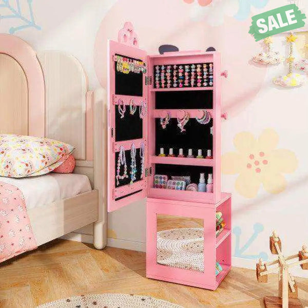 3-in-1 Freestanding Kids Jewelry Cabinet Armoire with Full Length Mirror-Pink Pink Kids Vanities