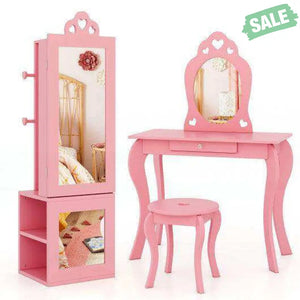 3-in-1 Freestanding Kids Jewelry Cabinet Armoire with Full Length Mirror-Pink Pink Kids Vanities