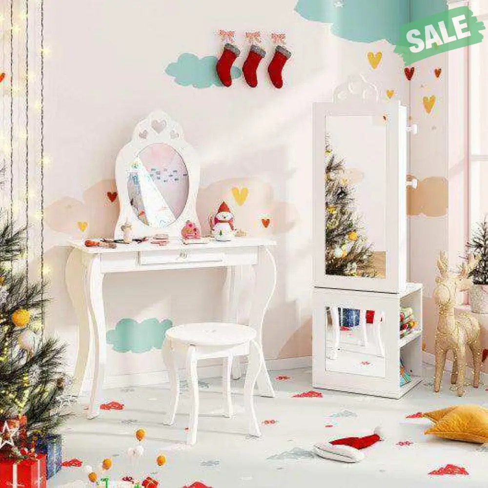 3-in-1 Freestanding Kids Jewelry Cabinet Armoire with Full Length Mirror-White