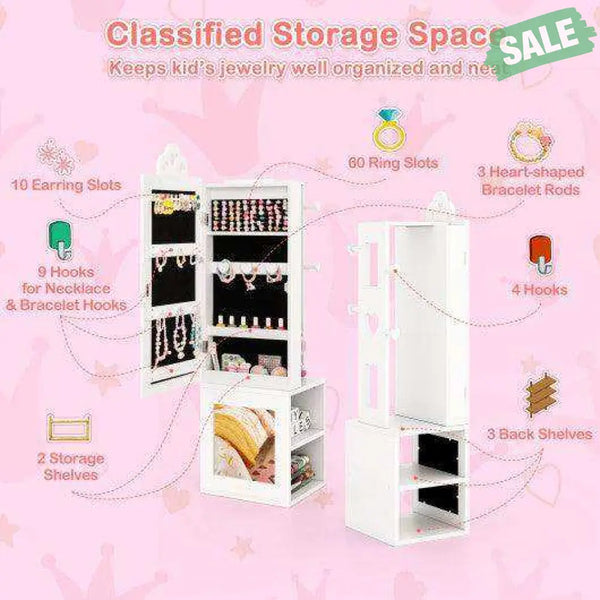 3-in-1 Freestanding Kids Jewelry Cabinet Armoire with Full Length Mirror-White
