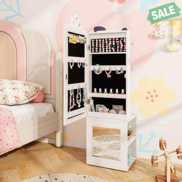 3-in-1 Freestanding Kids Jewelry Cabinet Armoire with Full Length Mirror-White