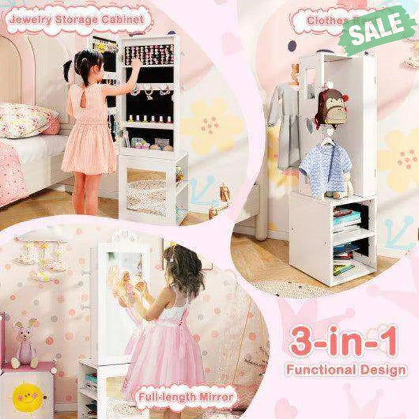 3-in-1 Freestanding Kids Jewelry Cabinet Armoire with Full Length Mirror-White