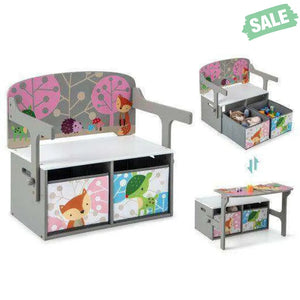 3 in 1 Kids Convertible Activity Bench with 2 Removable Fabric Bins-Gray Gray Kids Chairs & Seating