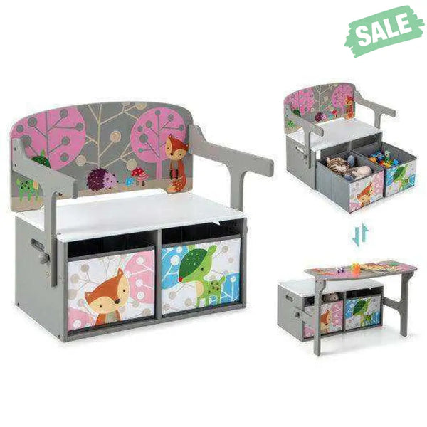 3 in 1 Kids Convertible Activity Bench with 2 Removable Fabric Bins-Gray Gray Kids Chairs & Seating