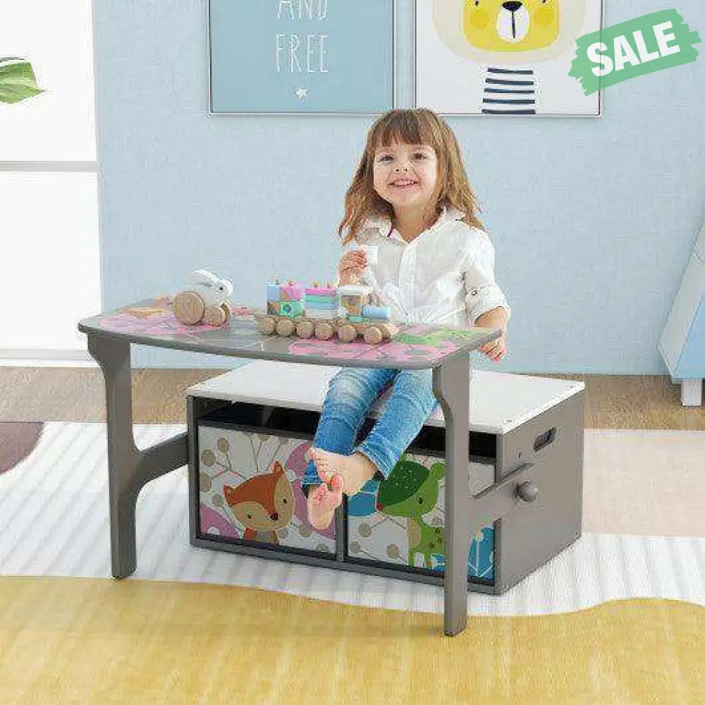 3 in 1 Kids Convertible Activity Bench with 2 Removable Fabric Bins-Gray Gray Kids Chairs & Seating