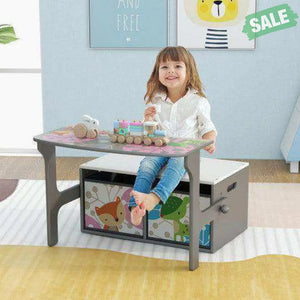 3 in 1 Kids Convertible Activity Bench with 2 Removable Fabric Bins-Gray Gray Kids Chairs & Seating