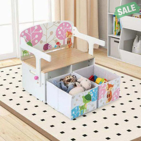 3 in 1 Kids Convertible Activity Bench with 2 Removable Fabric Bins-Gray Gray Kids Chairs & Seating