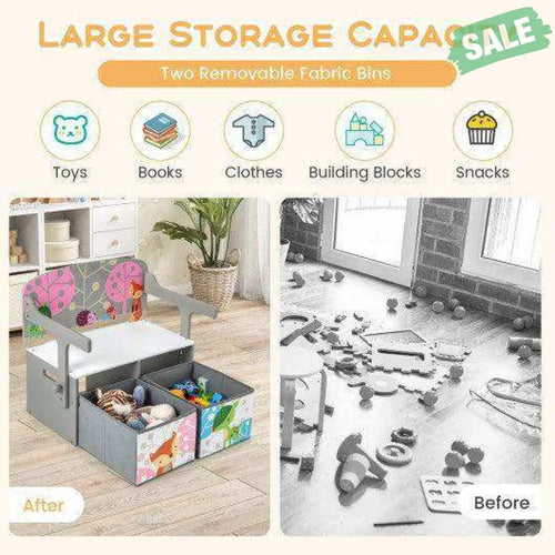 3 in 1 Kids Convertible Activity Bench with 2 Removable Fabric Bins-Gray Gray Kids Chairs & Seating
