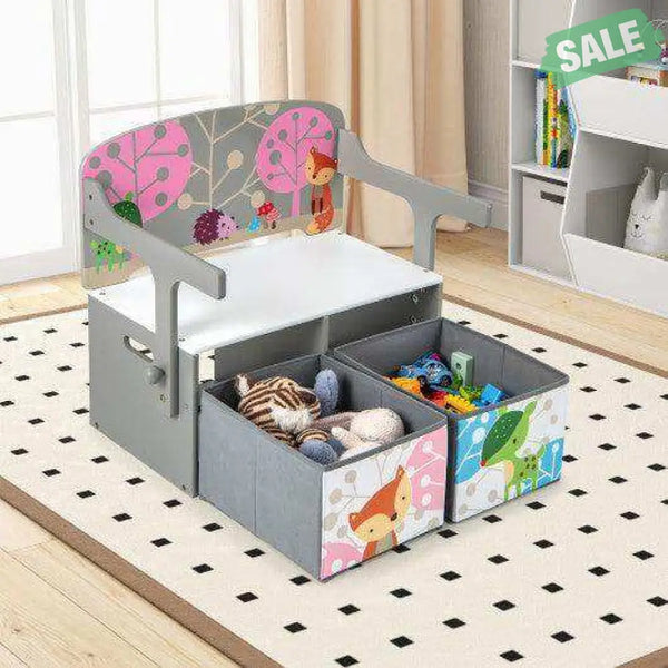 3 in 1 Kids Convertible Activity Bench with 2 Removable Fabric Bins-Gray Gray Kids Chairs & Seating