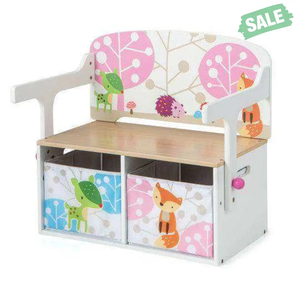 3 in 1 Kids Convertible Activity Bench with 2 Removable Fabric Bins-White