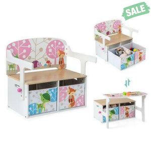 3 in 1 Kids Convertible Activity Bench with 2 Removable Fabric Bins-White