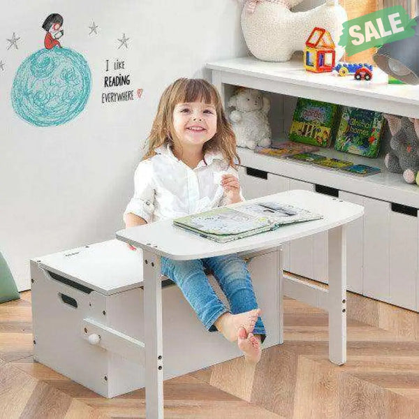 3-in-1 Kids Convertible Storage Bench Wood Activity Table and Chair Set-White White Kids Table & Chair Sets