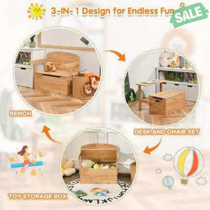 3-in-1 Kids Convertible Storage Bench Wood Activity Table and Chair Set-White White Kids Table & Chair Sets