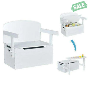 3-in-1 Kids Convertible Storage Bench Wood Activity Table and Chair Set-White White Kids Table & Chair Sets