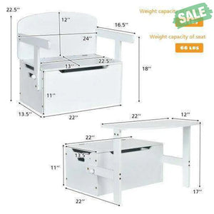 3-in-1 Kids Convertible Storage Bench Wood Activity Table and Chair Set-White White Kids Table & Chair Sets
