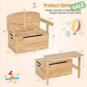 3-in-1 Kids Convertible Storage Bench Wood Activity Table and Chair Set-White White Kids Table & Chair Sets